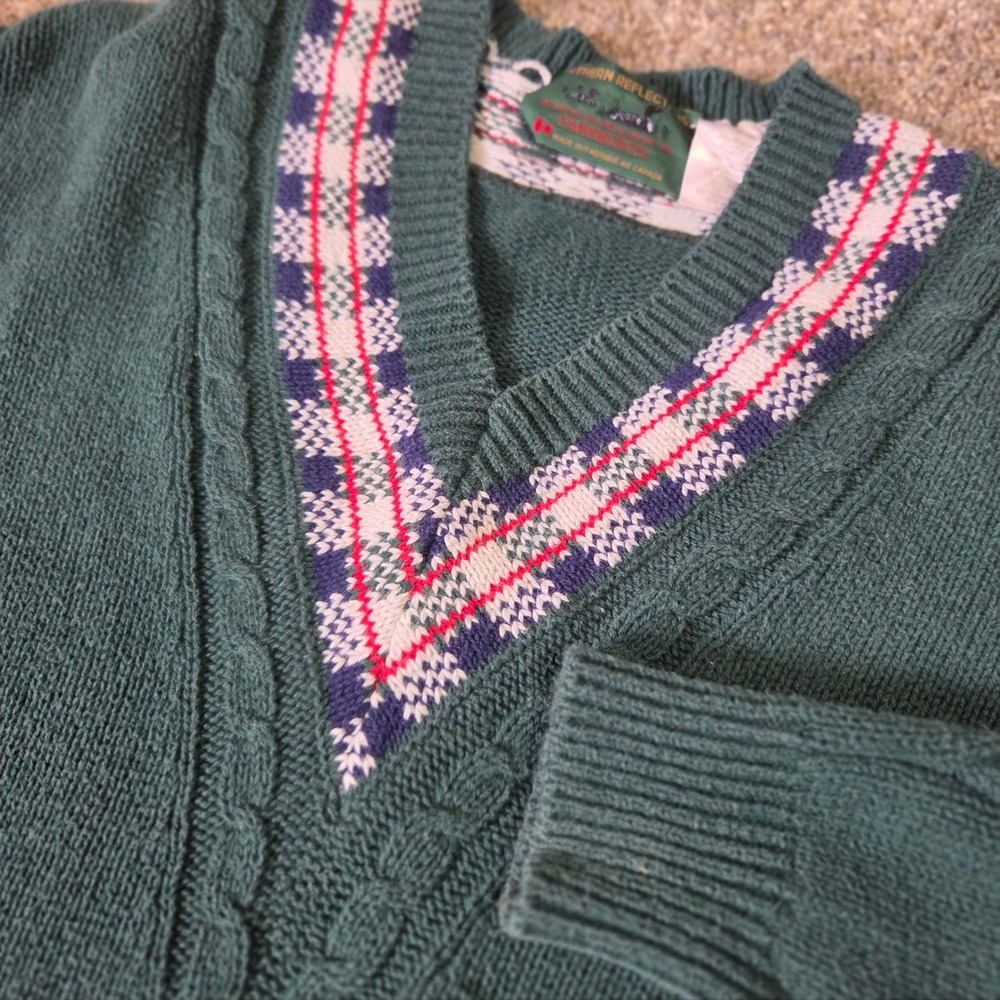Northern Reflections Parkhurst Mens Green Cable Knit V-Neck Plaid Trim Sweater L